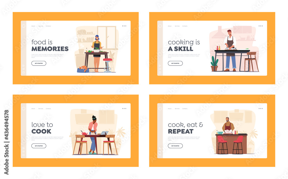 Characters Cook on Kitchen Landing Page Template Set. Woman Kneading Dough, Girl Prepare Dinner Cutting Vegetables