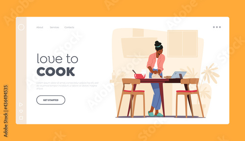 Woman Baking Landing Page Template. Young Woman Cook Food on Kitchen and Watch Movie on Laptop. Girl Kneading Dough