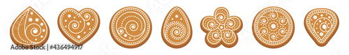 Ginger bread cookies. Set of biscuits with white icing. Figured geometric shapes, heart, flower, circle, drop, ornate with spiral pattern. Christmas traditional sweets isolated. Vector illustration