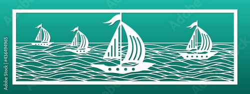 Sea view panel, laser cnc cut stencil. Wall art, home decor, interior screen panel. Ocean landscape with sea waves and sail boats. Wood or metal cut, paper art, card background. Vector illustration