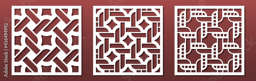 Laser cut panel, cnc stencil. Wall art, home decor, room screens and dividers design, paper cut card background. Abstract geometric pattern. Decorative square panels set. Vector illustration