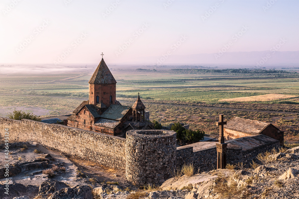 View of the ancient Armenian monastery of Khor Virap at the foot of the biblical Mount Ararat, Armenia