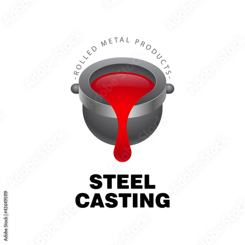 Metal casting logo on a white background. Cast iron ladle and outflowing molten metal. Metal mining concept. Vector, illustration