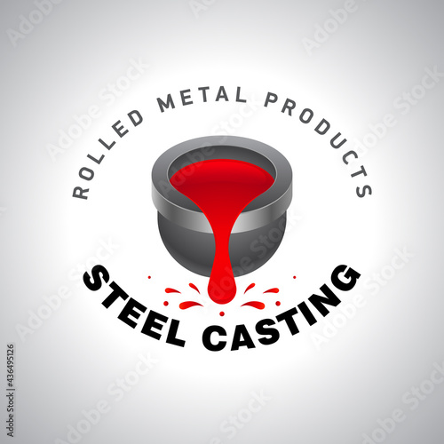 Metal casting, logo or emblem. Cast iron ladle and outflowing molten metal. The concept of mining and processing of metals. Vector, illustration