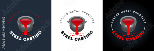 Set of logos, metal casting. Cast iron ladle and outflowing molten metal. The concept of mining and processing of metals. Vector, illustration