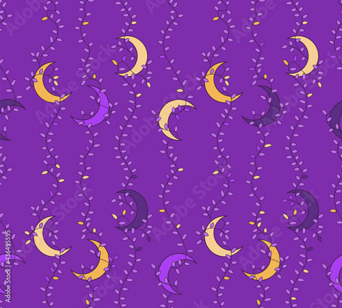 vector seamless pattern of moons on endless brunches on dark purple and yellow colours, main colour is purple