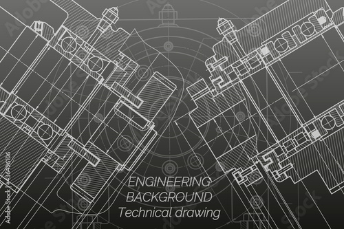 Mechanical engineering drawings on black background. Milling machine spindle. Technical Design. Cover. Blueprint.
