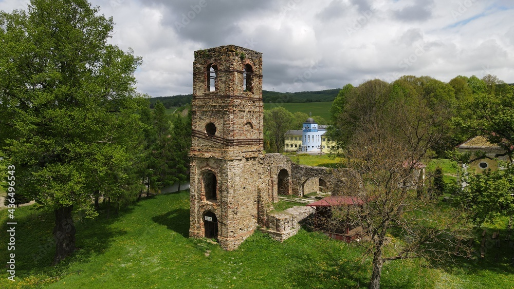 Aerial view of the Basilica Monastery in the village of Krasny Brod in Slovakia