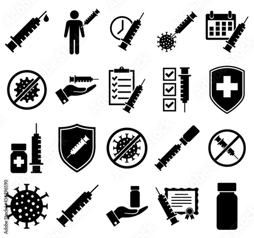  Set of Vaccine Icons. Contains such Icons as Warning, Medical Syringe, Quality Certificate.pandemic, cure logo isolated on white background