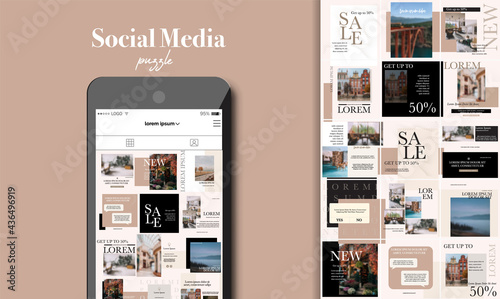 Social Media Puzzle Template Pack for creature your unique content. Modern ultra endless design banner, screen. Kit app editorial service. Mockup for personal blog. Endless square puzzle for promotion