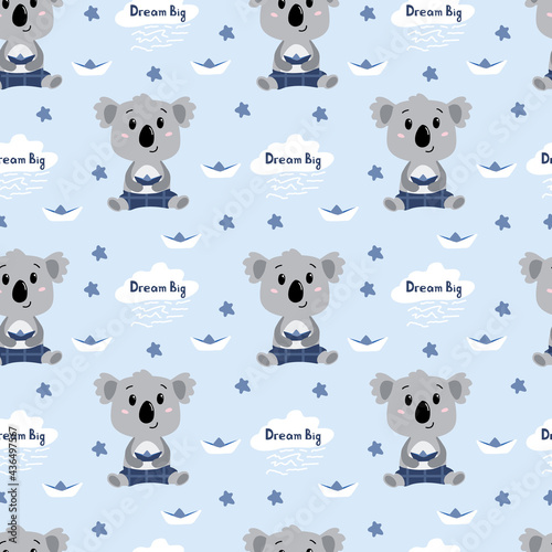 Childish seamless pattern with hand drawn koala baby boy. In blue colors. Perfect for kids apparel,fabric, textile, nursery decoration,wrapping paper. Vector