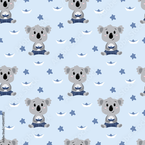 Childish seamless pattern with hand drawn koala baby boy. In blue colors. Perfect for kids apparel,fabric, textile, nursery decoration,wrapping paper. Vector