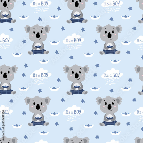 Childish seamless pattern with hand drawn koala baby boy. In blue colors. Perfect for kids apparel,fabric, textile, nursery decoration,wrapping paper