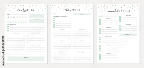 Set of 3 minimalist planners. Daily, weekly, meal planner template. Cute and simple printable to do list. Digital Planner.