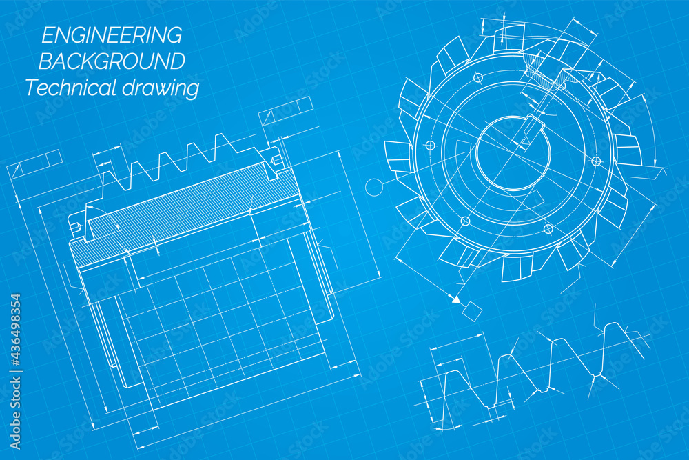 Mechanical engineering drawings on blue background. Cutting tools, milling cutter. Technical Design. Cover. Blueprint.