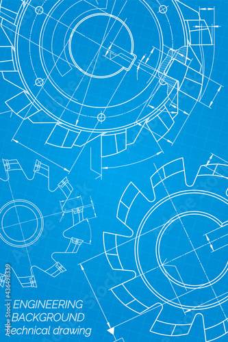 Mechanical engineering drawings on blue background. Cutting tools, milling cutter. Technical Design. Cover. Blueprint.