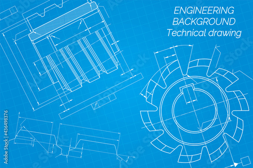 Mechanical engineering drawings on blue background. Cutting tools, milling cutter. Technical Design. Cover. Blueprint.