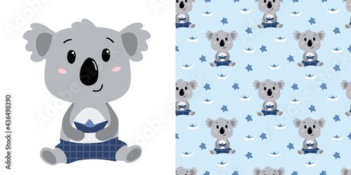 Cute koala boy in blue shorts with paper ship. Include childish seamless pattern with these koala. Perfect for kids apparel,fabric, textile, nursery decoration,wrapping paper. Vector