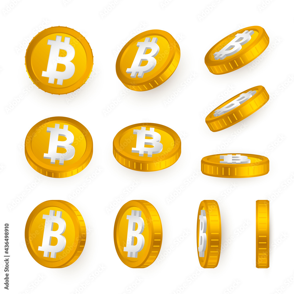BTC. Bitcoin orange coins set isolated on white background. Cryptocurrency concept. Vector illustration