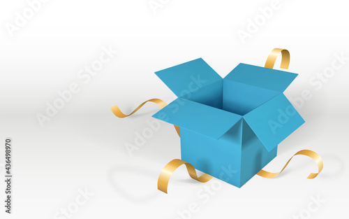 Open blue gift box with golden ribbon. Vector illustration