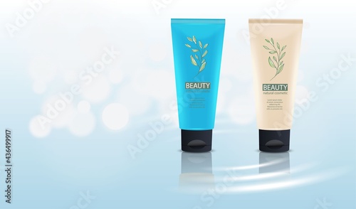 Cosmetic design template. Vector packaging tube in blue and cream color with a black cup on a silver glitter background with bokeh.