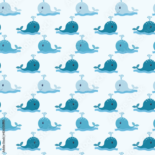 Childish seamless pattern with blue whale. In blue colors. Perfect for kids apparel fabric  textile  nursery decoration wrapping paper. Vector