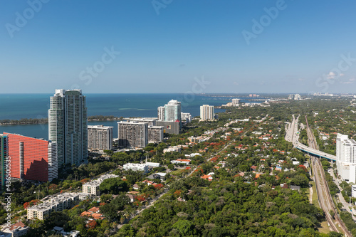 Aerial view of The Roads and Brickell Avenue neighborhood in Miami  Florida.