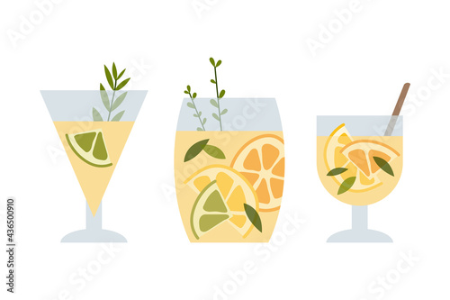 Fresh homemade lemonade, soda, mojito cocktail with lemon and mint. Summer tropic drink, cold citrus refreshing beverage in glass. Vector flat cartoon illustration. For logo, flyer, menu, sticker