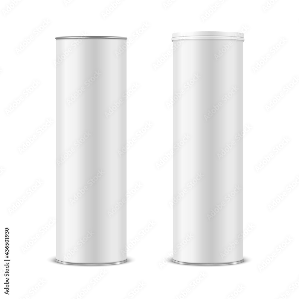 Vector 3d Realistic Blank White Metal Tin Can, Canned Food, Potato Chips Packaging With Lid Set Isolated On White Background. Big Size. Design Template, Mockup. Front View Vector 3d Realistic Blank White Metal Tin Can, Canned Food, Potato Chips Packaging With Lid Set Isolated On White Background. Big Size. Design Template, Mockup. Front View