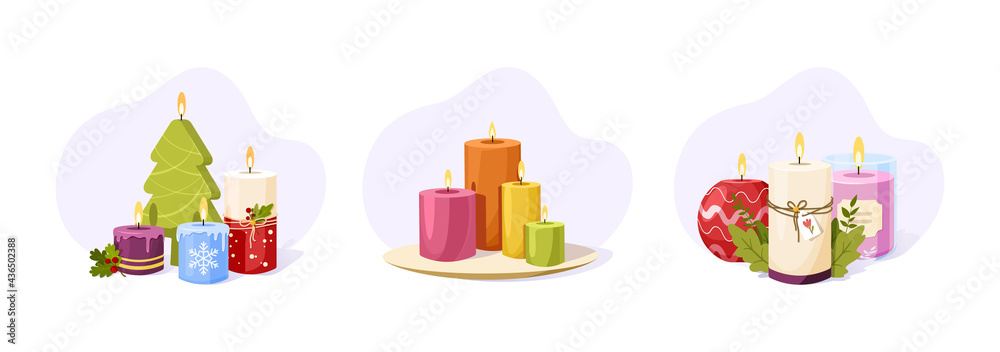 Set of burning wax candles with fire flame on light background. Christmas, scented wax candles for home, romance, aromatherapy or birthday. Cozy decor for spa, fragrance, holiday or romantic Set of burning wax candles with fire flame on light background. Christmas, scented wax candles for home, romance, aromatherapy or birthday. Cozy decor for spa, fragrance, holiday or romantic