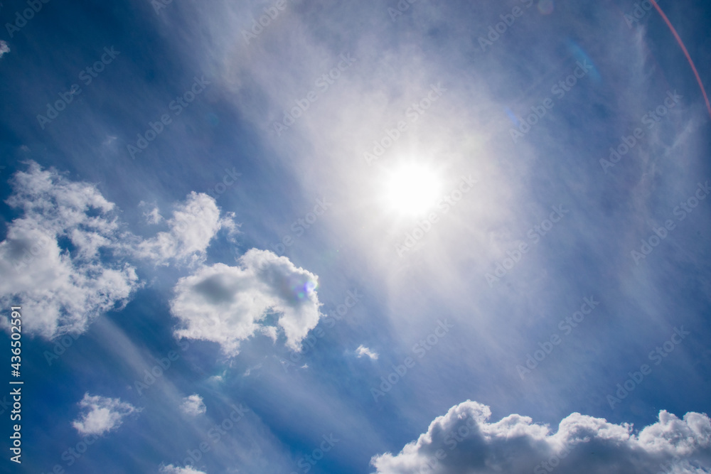 Beautiful sky with sun and clouds, copy space, beautiful blue background with place for text Beautiful sky with sun and clouds, copy space, beautiful blue background with place for text