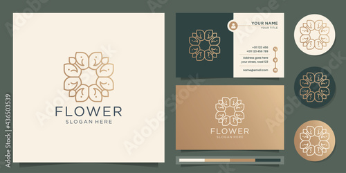Abstract flower rose logo line art style. slim, gold, luxury design with business card template. Premium Vector