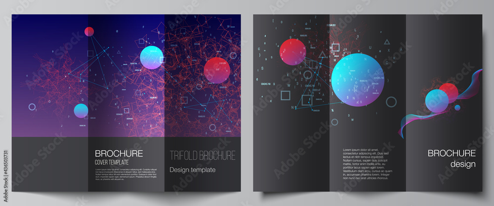 Vector layouts of covers templates for trifold brochure, flyer layout, magazine, book design, brochure cover. Artificial intelligence, big data visualization. Quantum computer technology concept.