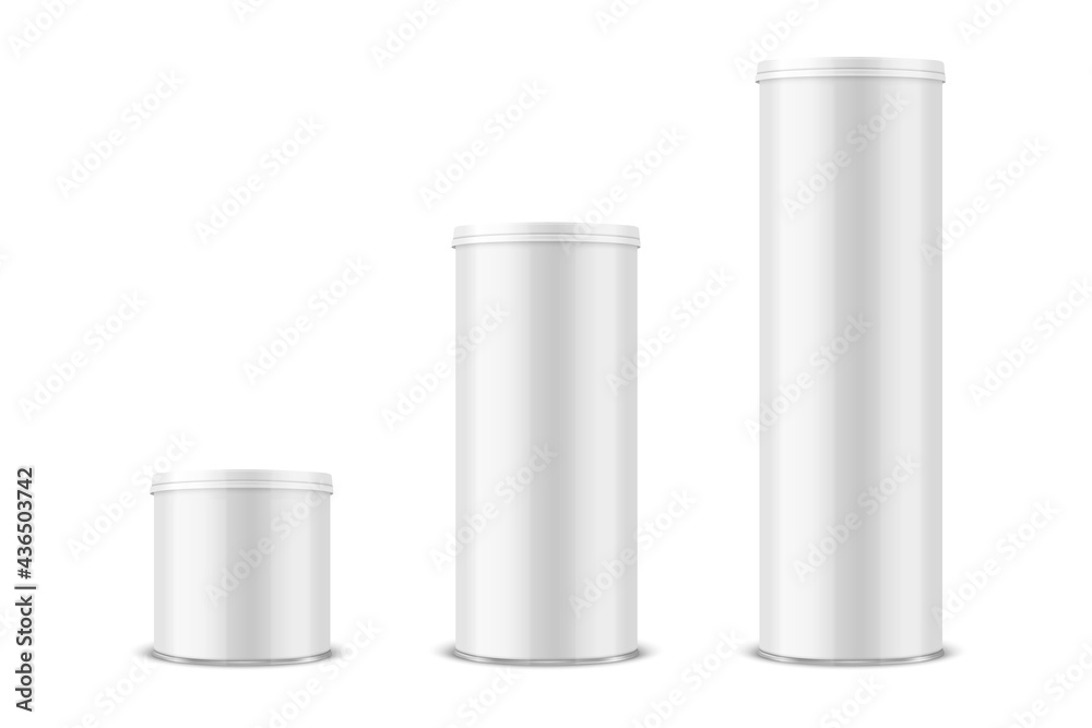 Vector 3d Realistic Blank Glossy White Metal Tin Can, Canned Food, Potato Chips Packaging With Lid Set Isolated On White Background. Small, Medium, Big Size. Design Template, Mockup. Front View Vector 3d Realistic Blank Glossy White Metal Tin Can, Canned Food, Potato Chips Packaging With Lid Set Isolated On White Background. Small, Medium, Big Size. Design Template, Mockup. Front View