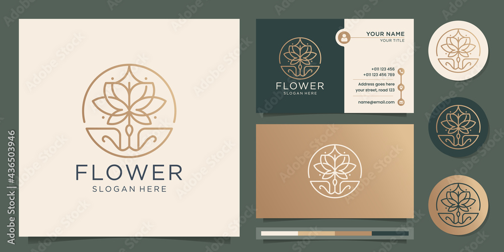 hand drawn beauty flower logo. salon and spa, frame line art monogram shape logo. gold, icon and business card design template. Premium Vector