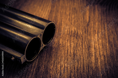 Double-barreled shotgun barrel close-up