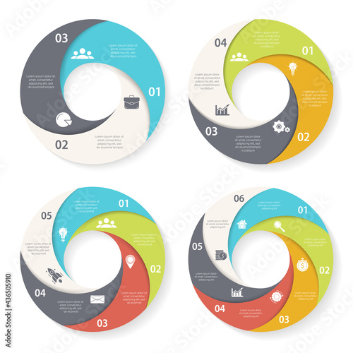 Set template for circle diagram, options, web design, graph and round infographic. Business concept with 3, 4, 5, 6 elements, steps or options. Vector illustration.