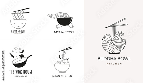 Asian food, restaurant logo collection, hand drawn illustration, logos of Chinese, Thai, Japanese dishes, ric, noodles bowls