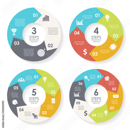 Set template for circle diagram, options, web design, graph and round infographic. Business concept with 3, 4, 5, 6 elements, steps or options. Vector illustration.