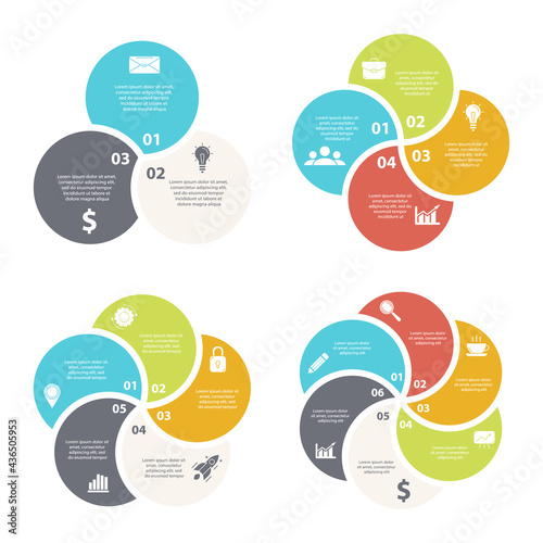 Set template for circle diagram, options, web design, graph and round infographic. Business concept with 3, 4, 5, 6 elements, steps or options. Vector illustration.