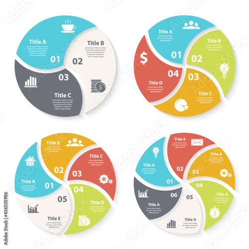 Set template for circle diagram, options, web design, graph and round infographic. Business concept with 3, 4, 5, 6 elements, steps or options. Vector illustration.