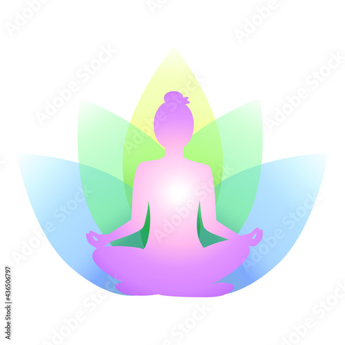 Woman sits in lotus position against background of multicolored petals. Silhouette of meditating girl in delicate colors. Chakra concept. Yoga icon for logo, banner, poster, flyer. Vector illustration