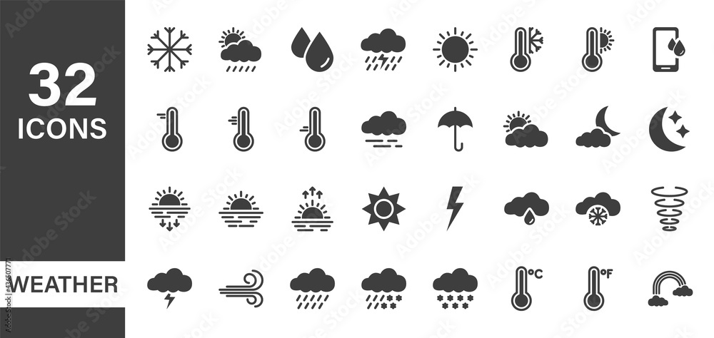 Weather Icons Set. Weather Forecast graphic elements. Black Meteorology icons. Sunrise and Sunset Silhouette Pictogram. Temperature, Sun, Cloud, Rain. Vector illustration Weather Icons Set. Weather Forecast graphic elements. Black Meteorology icons. Sunrise and Sunset Silhouette Pictogram. Temperature, Sun, Cloud, Rain. Vector illustration