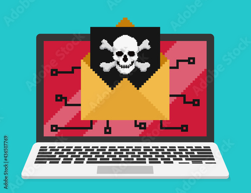 Pixel art, vector illustration of email with computer virus infecting computer. The skull appears on a black letter sticking out of the envelope