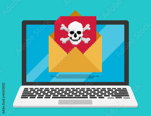 Pixel art, vector illustration of email with computer virus. The skull appears on a red letter sticking out of the envelope