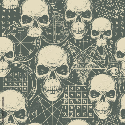 Photo Abstract seamless pattern with hand-drawn human skulls, goat head, occult and ritual symbols on a dark backdrop