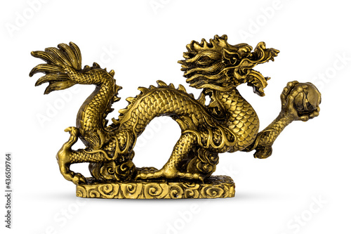 A bronze dragon figurine on a white background.