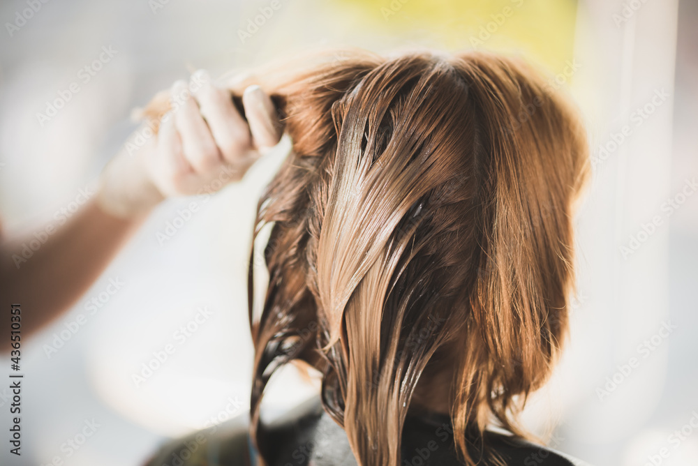 Obraz premium professional hairdresser stylist person and hair fashion beauty salon concept, woman client about haircut and hair care, coiffure barber equipment, hairstylist work to making hairstyle to woman model