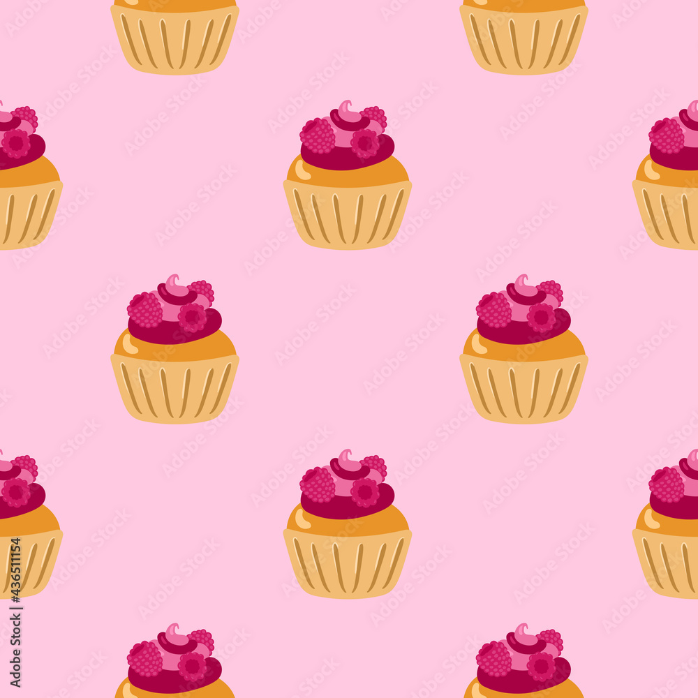 Cupcakes seamless pattern. Packaging. Festive cupcakes with cream and berries. Vector pattern on a colored background. Cupcakes seamless pattern. Packaging. Festive cupcakes with cream and berries. Vector pattern on a colored background.