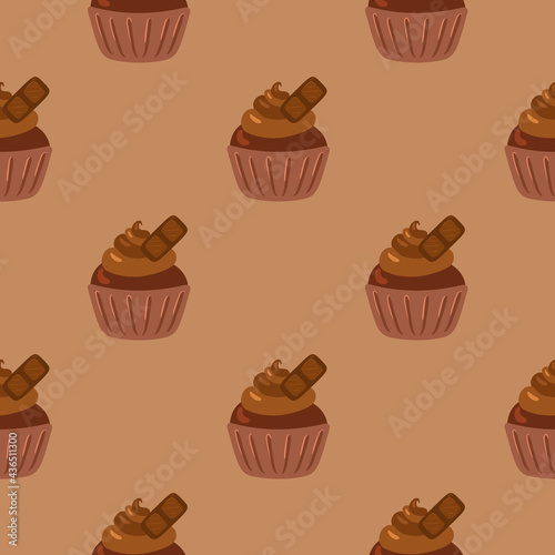 Cupcakes seamless pattern. Packaging. Celebratory cupcakes with cream and chocolate. Vector pattern on a colored background.